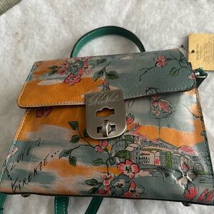 Brand new Patricia Nash Leather Floral Crossbody Bag with Green & Orange Accents